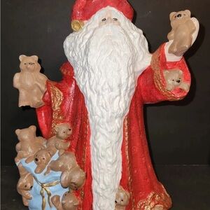 Santa Claus Figurine Teddy Bears Red and White Old World Style 10”